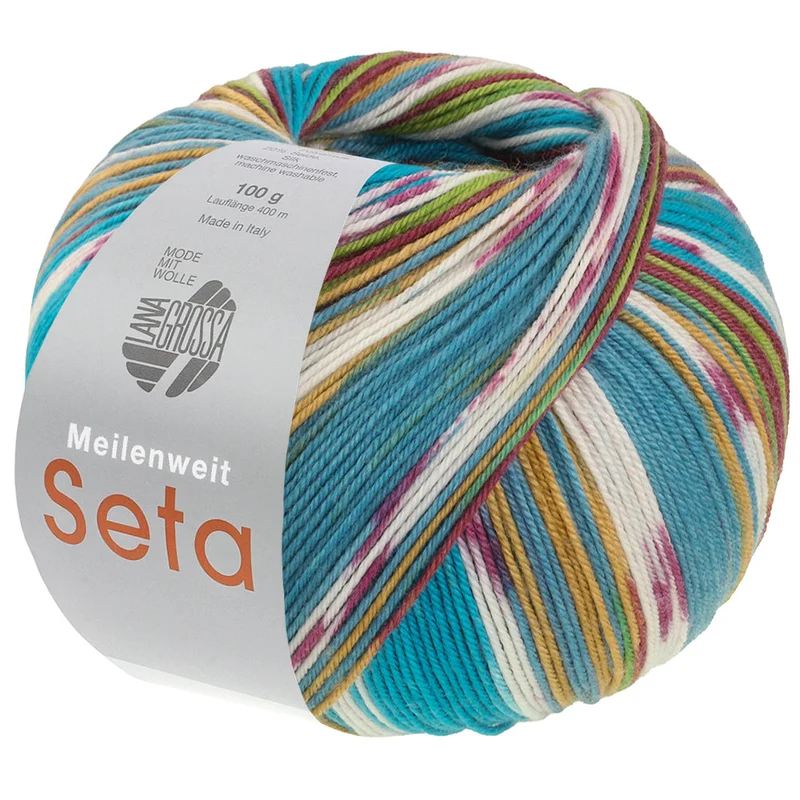 Lana Grossa Meilenweit 100 Seta Giappone 3390 Braam/Groen/Turquoiseblauw/Roodviolet/Wit/Oker/Lichtgroen