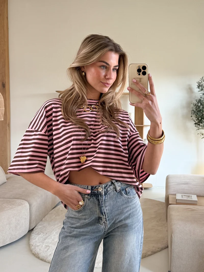 Hannah strepen tshirt roze/bruin