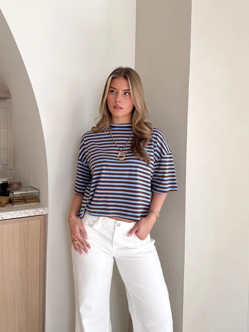 Hannah strepen tshirt blauw/bruin