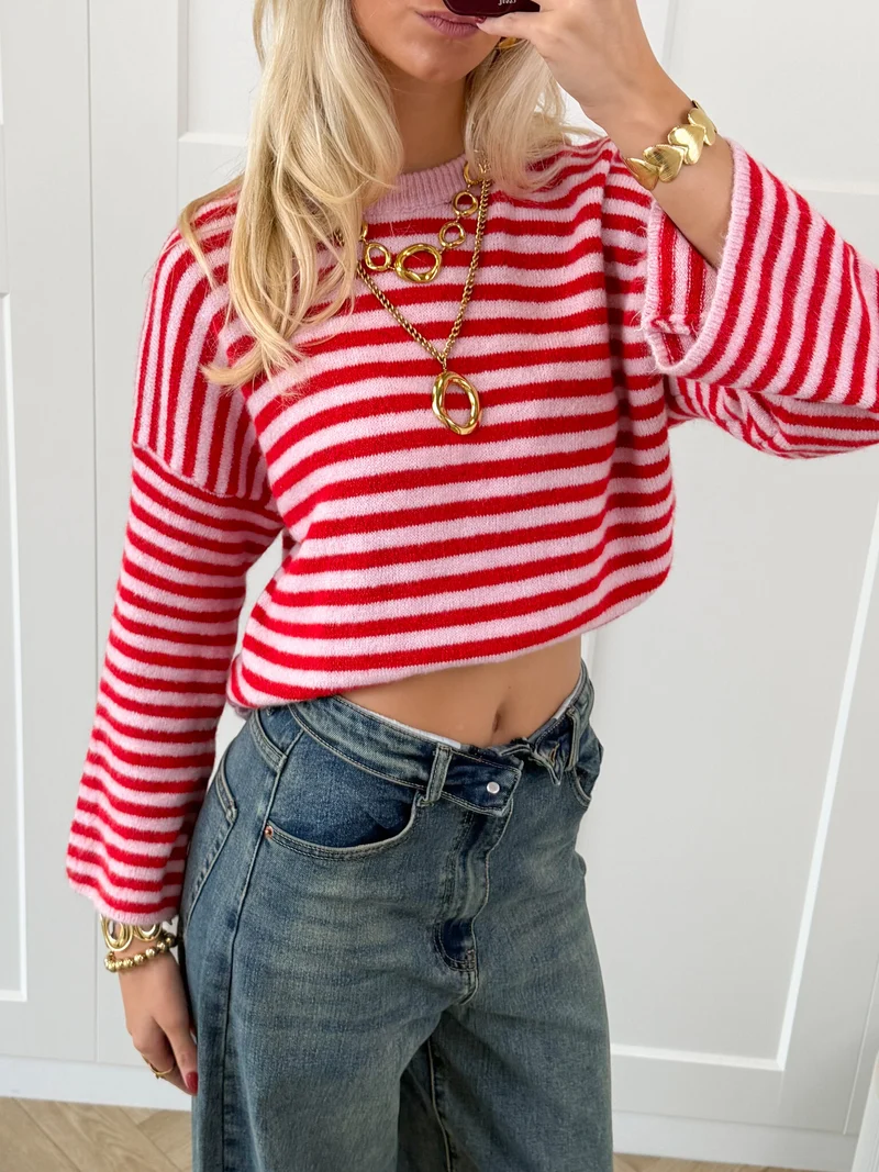 Strepen trui Fien rood/roze