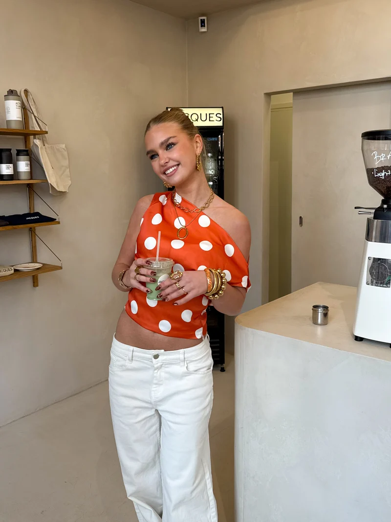 Stippen top off shoulder Polka oranje