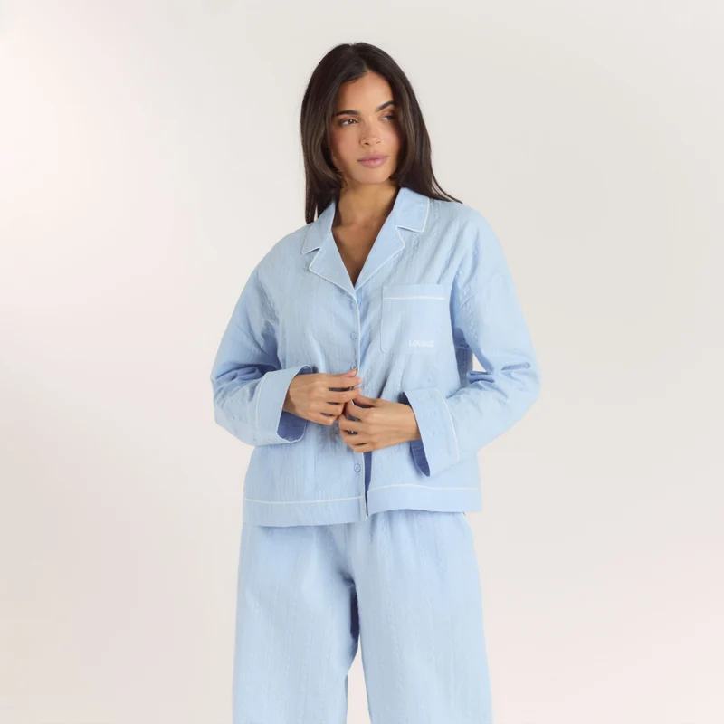 Textured Cotton Pyjama Shirt - Blauw