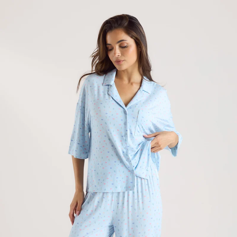 Modal Pyjamashirt met Korte Mouwen - Blauwe Bloemenprint