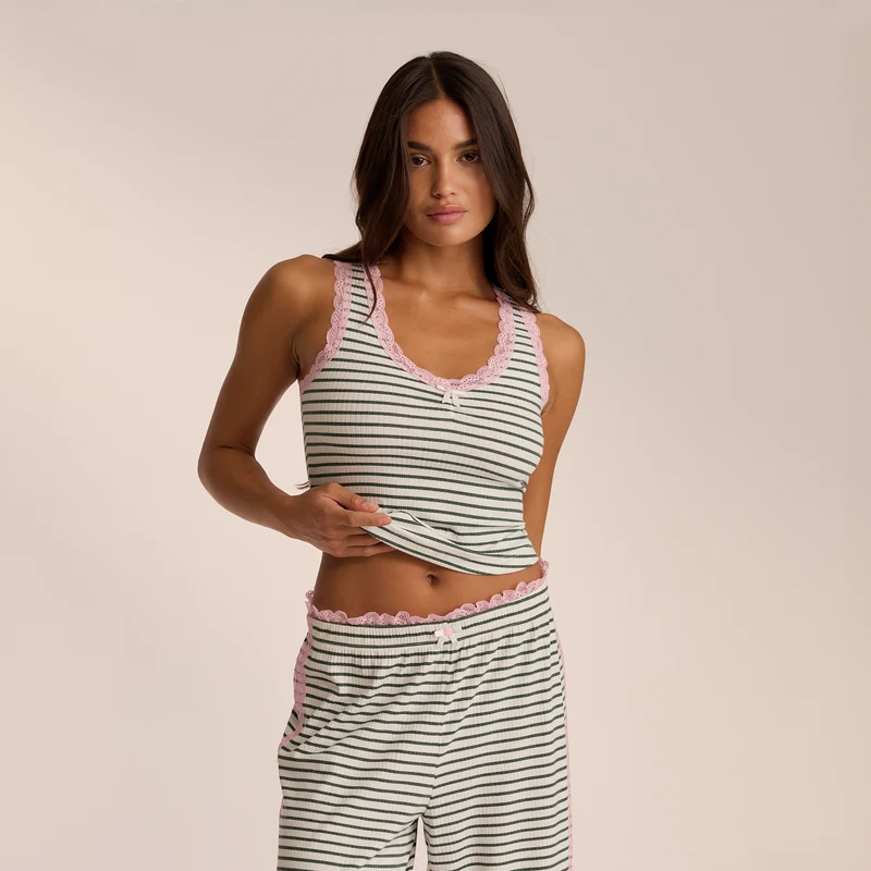 Kanten Vest Pyjama Top - Groene Strepen