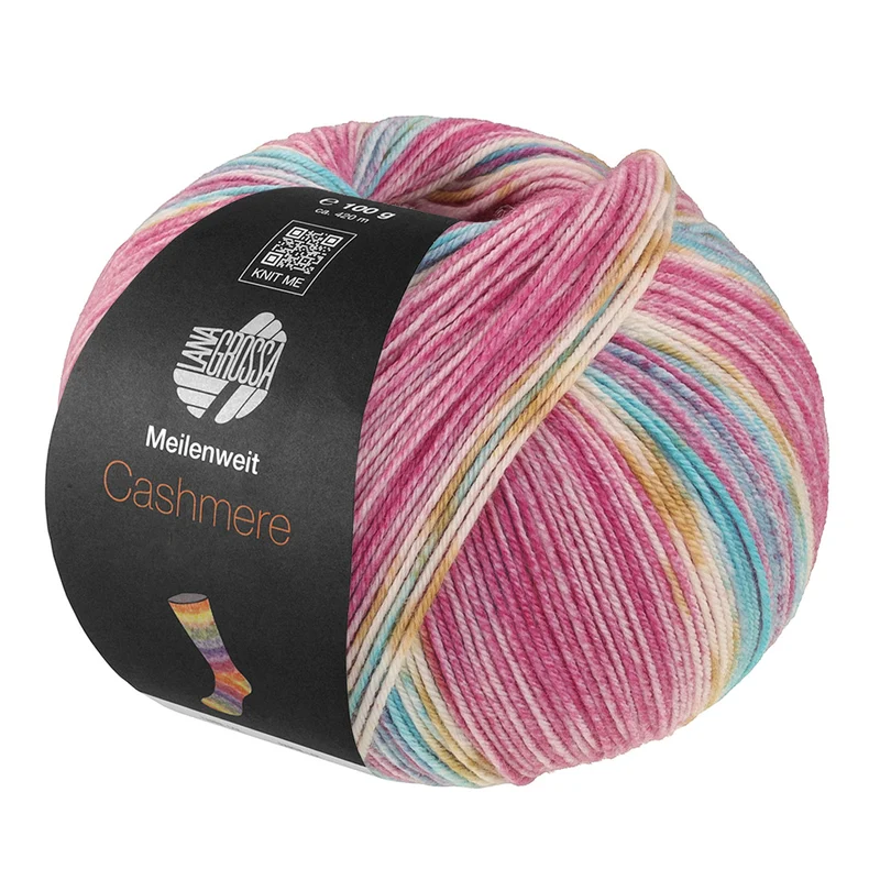 Lana Grossa Meilenweit 100 Cashmere Pista 146 Licht-/Donkerfuchsia/Wit/Oker/Turquoise/Lichtblauw gestreept