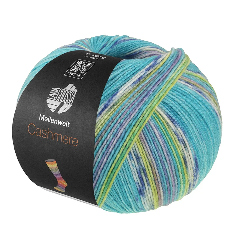 Lana Grossa Meilenweit 100 Cashmere Pista 144 Turquoise/Wit/Blauw/Citroengeel/Violetblauw/Pistache gestreept