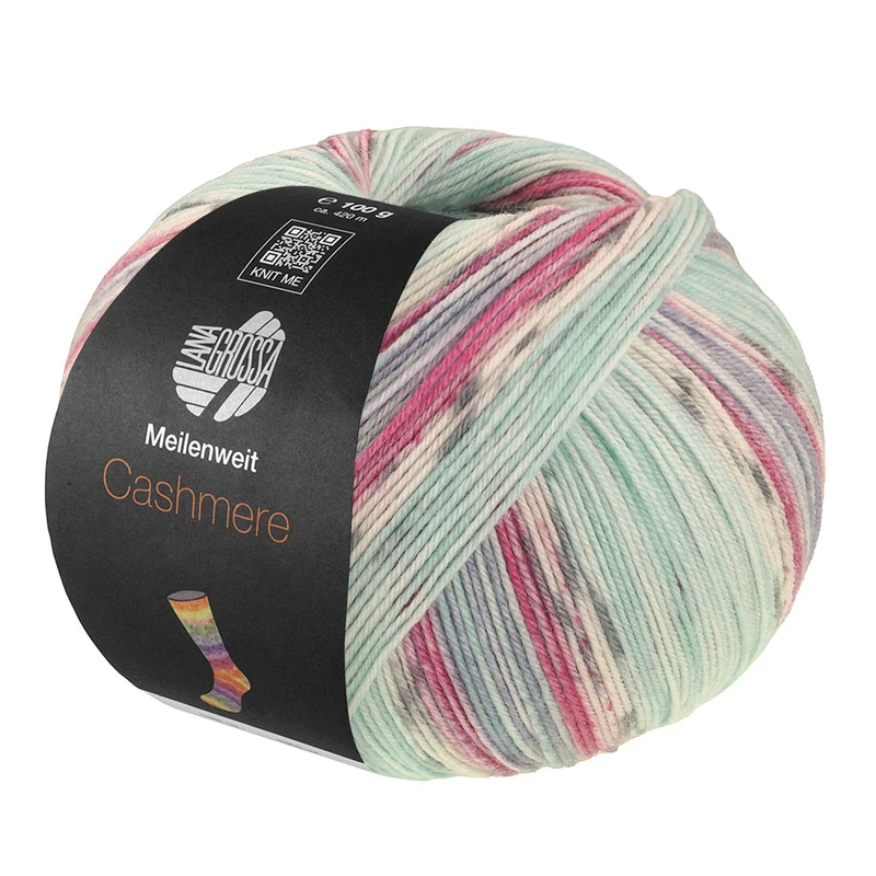 Lana Grossa Meilenweit 100 Cashmere Pista 142 Mint/Turquoise/Wit/Grijs/Lichtblauw/Fuchsia gestreept
