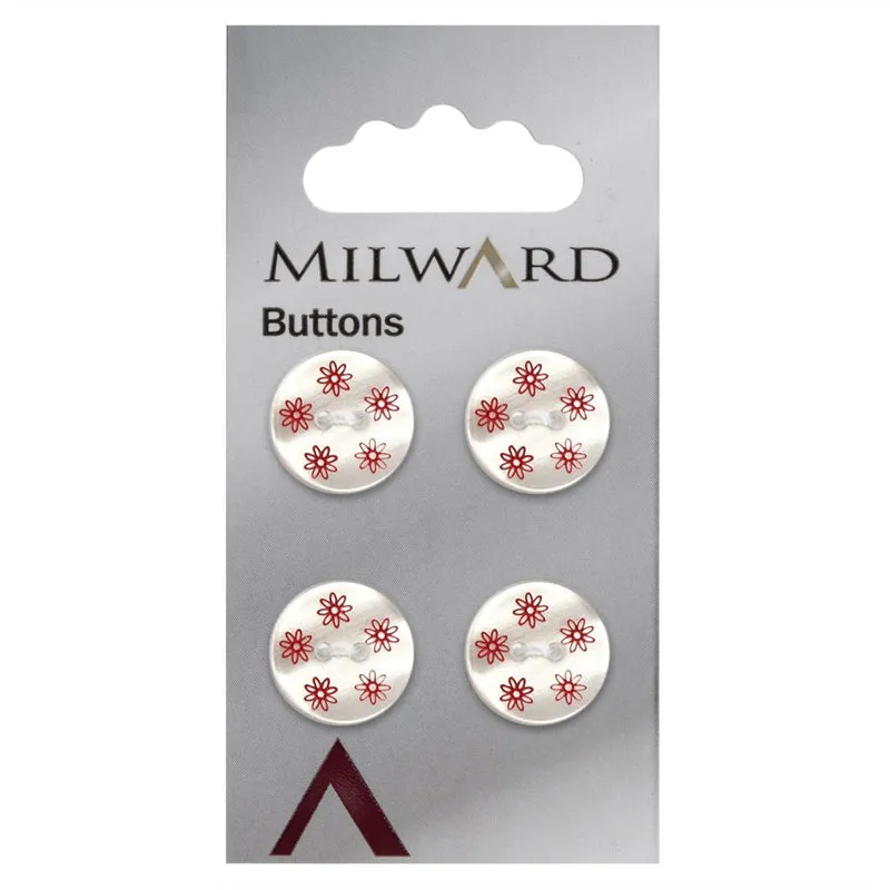 Milward Parelmoer Witte Knoop met Rode Bloemen 15mm (4 stuks)