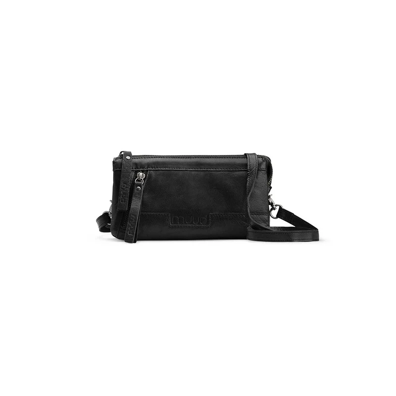 MUUD Riga Black - Handgemaakt leren crossover tas ø 12 cm x 22 cm