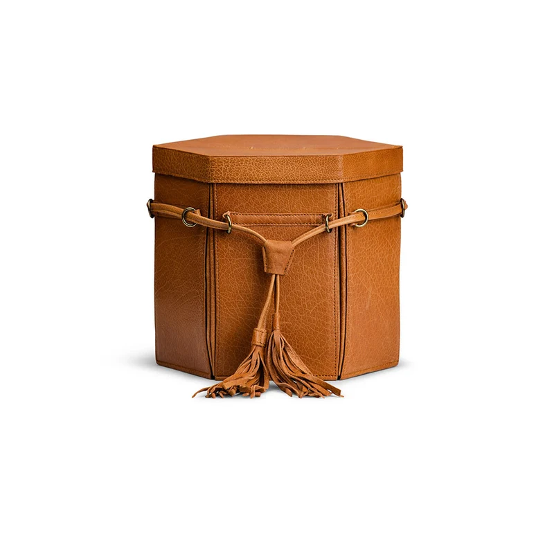 MUUD Evita XL Whisky - Handgemaakt leren 6 kantige handwerk opbergdoos 22x22x26cm