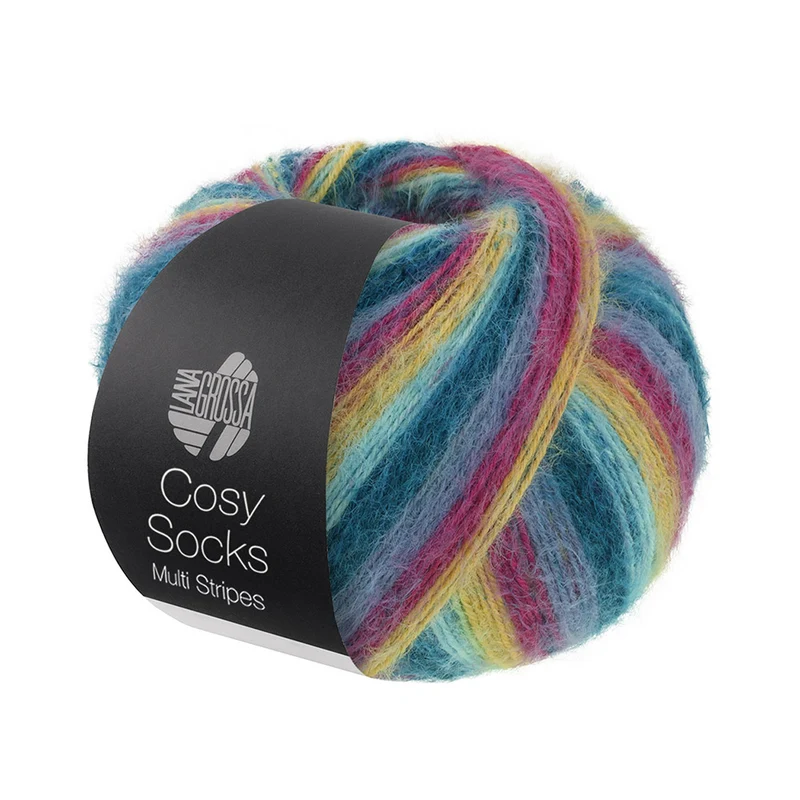 Lana Grossa Cosy Socks Multi Stripes 155 Donkerpetrol/Lichtturkoois/Geel/Orchidee/Grijsviolet