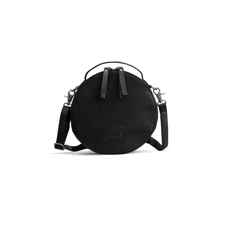 MUUD Bella Black - Handgemaakt leren ronde schoudertas Ø23x9cm