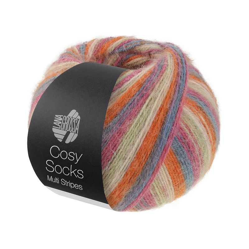 Lana Grossa Cosy Socks Multi Stripes 154 Donkergrijs/Grijsblauw/Fuchsia/Lichtgroen/Crème/Oranje