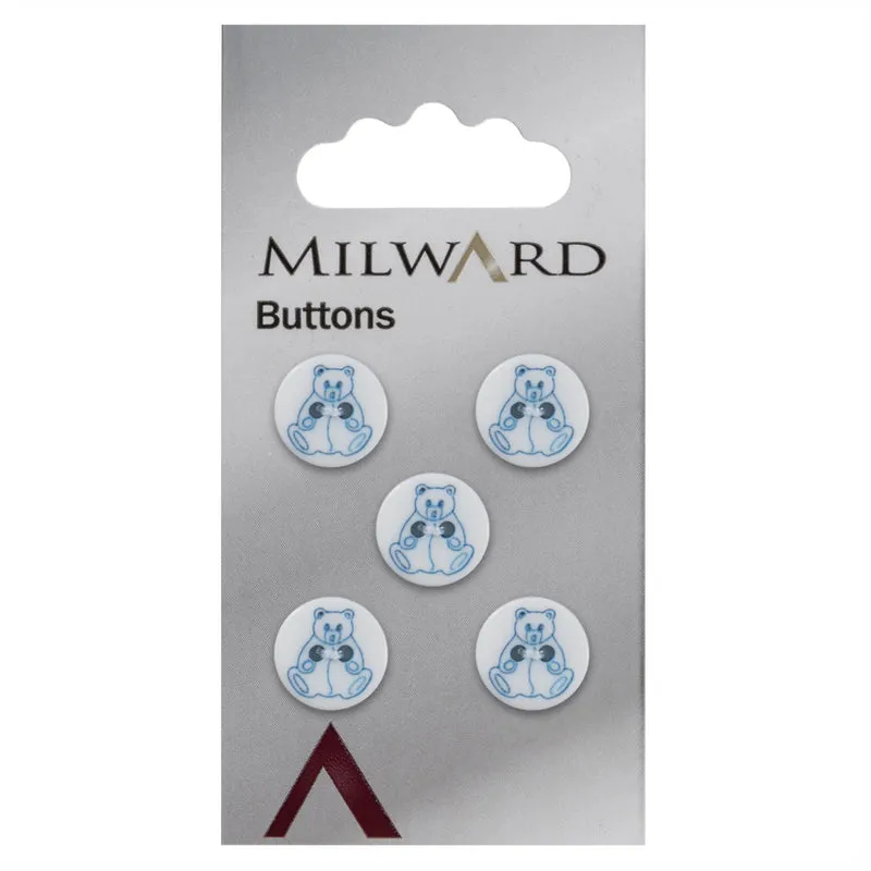 Milward Ronde Knoop met Figuur Beer Wit met Blauw 15mm (5 stuks)