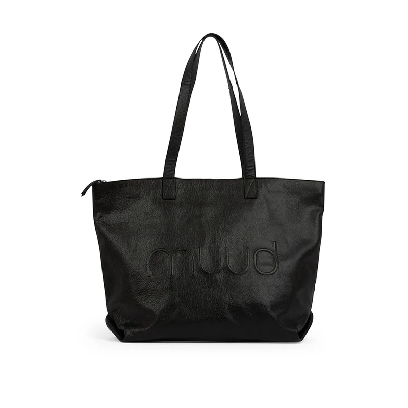 MUUD Laura-draagtas Black - Handgemaakt leren tas met afneembare portemonnee 34x50x16cm