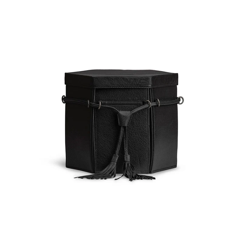 MUUD Evita XL Black - Handgemaakt leren 6 kantige handwerk opbergdoos 22x22x26cm