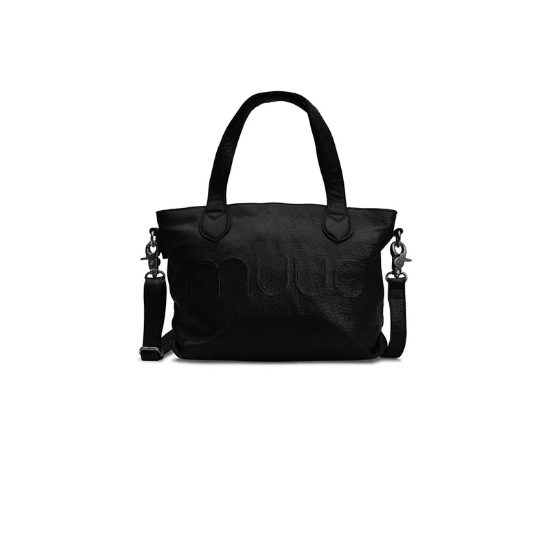 MUUD Laura mini Black - Handgemaakt leren crossbody schoudertas met afneembare portemonnee 19x30x22x7cm