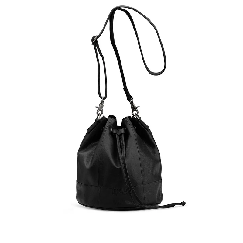 MUUD Donna Black - Handgemaakt leren tas met trekkoord 26xØ24cm