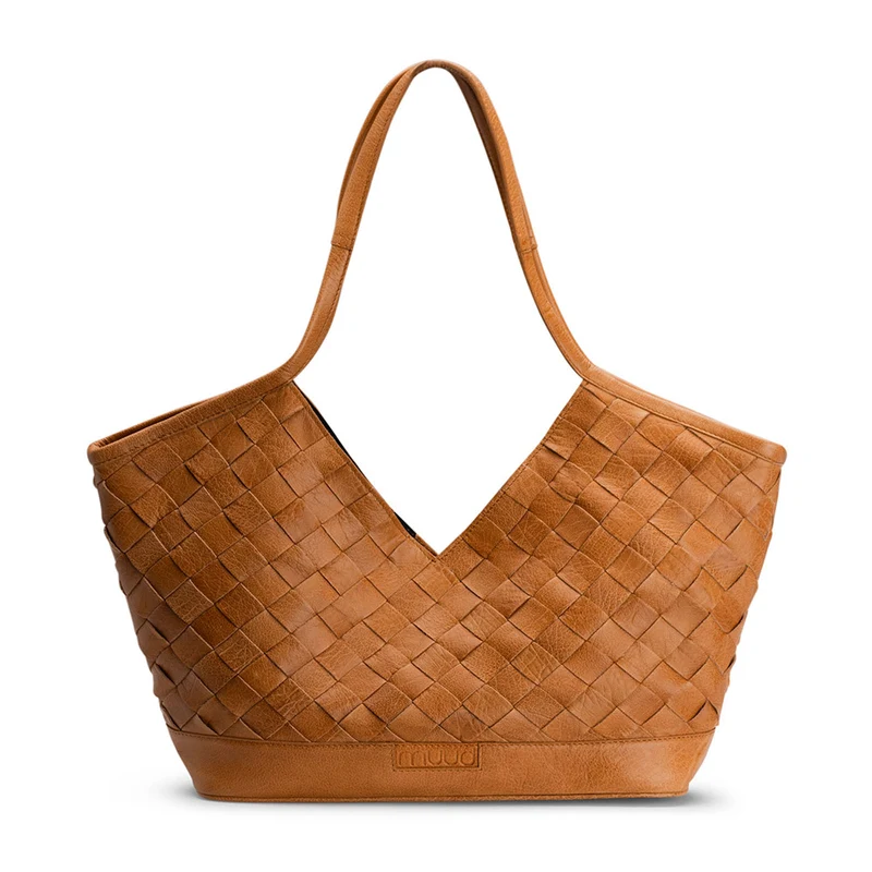 MUUD Dosy - Whiskey Handgemaakt leren gevlochten handtas 29 x 43 cm