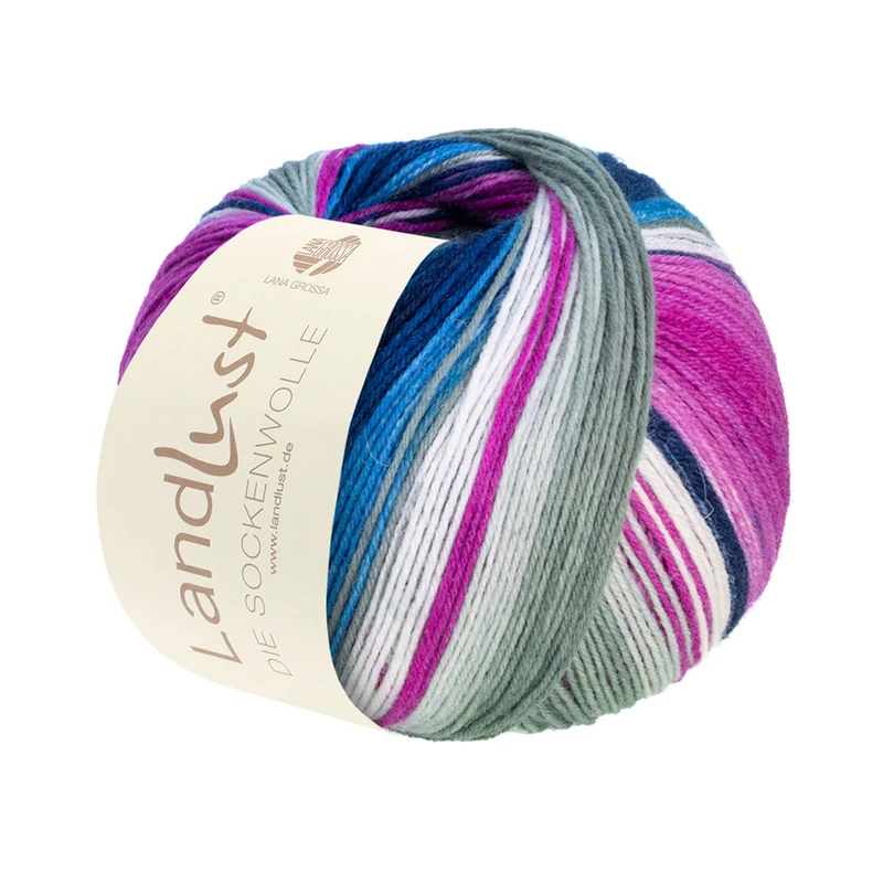 Lana Grossa Landlust Die Sockenwolle 118 Lichtgrijs/ecru/fuchsia/blauw/jeans/nachtblauw/lichtroze/lila gestreept