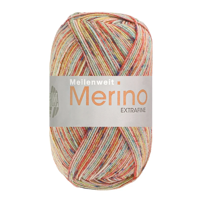 Lana Grossa Meilenweit 100 Merino Extrafine Mountain 7602 Rood/Geel/Turquoise/Oranje/Ecru/Donkergrijs gestreept