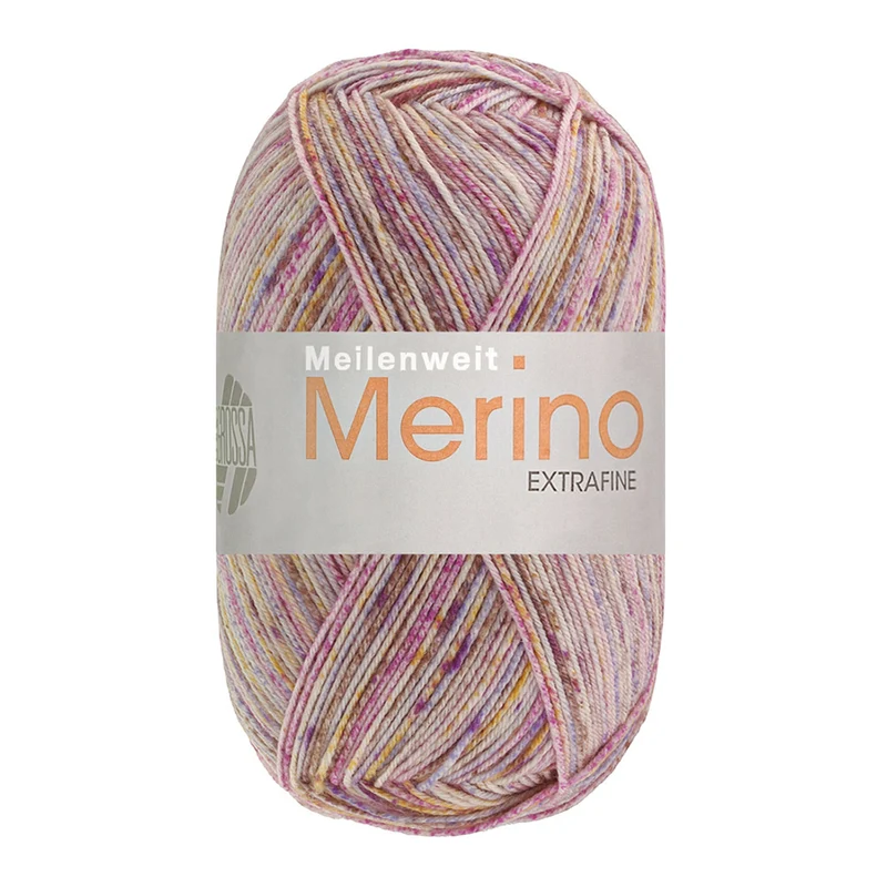 Lana Grossa Meilenweit 100 Merino Extrafine Mountain 7605 Grijsbruin/Ecru/Grijs-/Roodviolet/Maisgeel gestreept