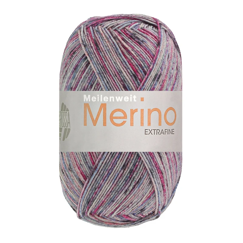 Lana Grossa Meilenweit 100 Merino Extrafine Mountain 7604 Licht-/Donkergrijs/Fuchsia/Roze/Jeansblauw gestreept
