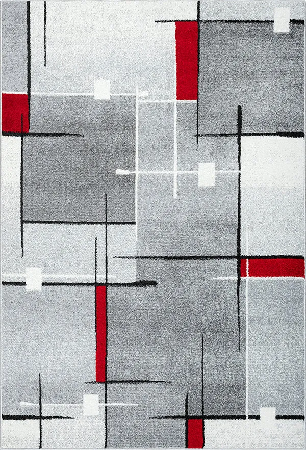 Thales Vloerkleed – Grijs Rood – Modern Lijndesign – Laagpolig Vloerkleed