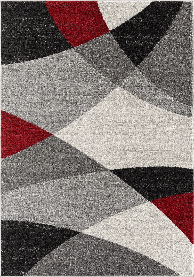Thales Vloerkleed – Grijs Rood – Abstract Geometrisch Design – Laagpolig Vloerkleed