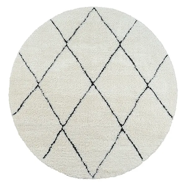 Ideal Shaggy Rond Vloerkleed – Wit Zwart – Berber Ruitpatroon – Hoogpolig Vloerkleed