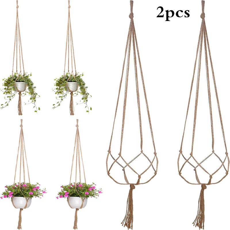 2PCS 47 Inches Plant Flower Hanger Macrame Jute for Indoor Outdoor Ceiling Deck Balcony Round and Square Pots