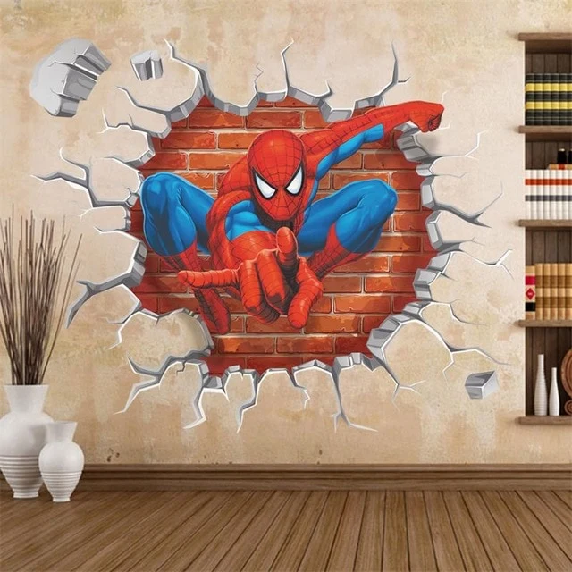 45*50cm hot 3d hole famous cartoon movie spiderman wall stickers for kids rooms boys gifts through wall decals home decor mural