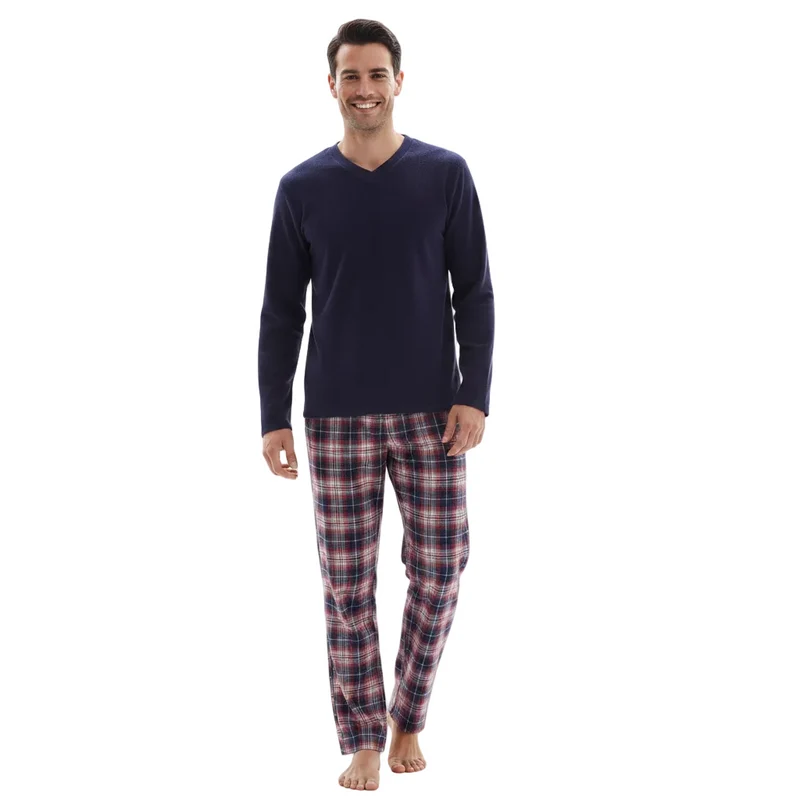 Fleece pyjamaset voor heren - Top met lange mouwen en katoenen flanellen broek