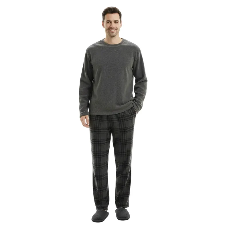 Zachte fleece pyjama voor heren – Grijze geruite, comfortabele thermische pyjamaset voor ultiem comfort