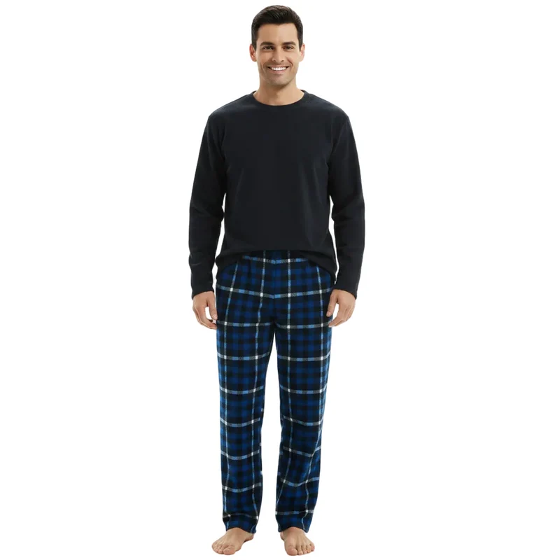 Warme winterpyjama voor heren - Luxe marineblauwe fleece pyjama met ruitjespatroon