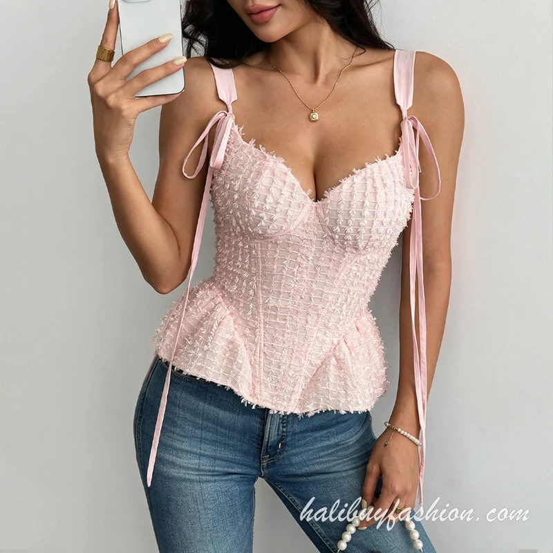 Corset beaded ruffle lace up self tie cami top