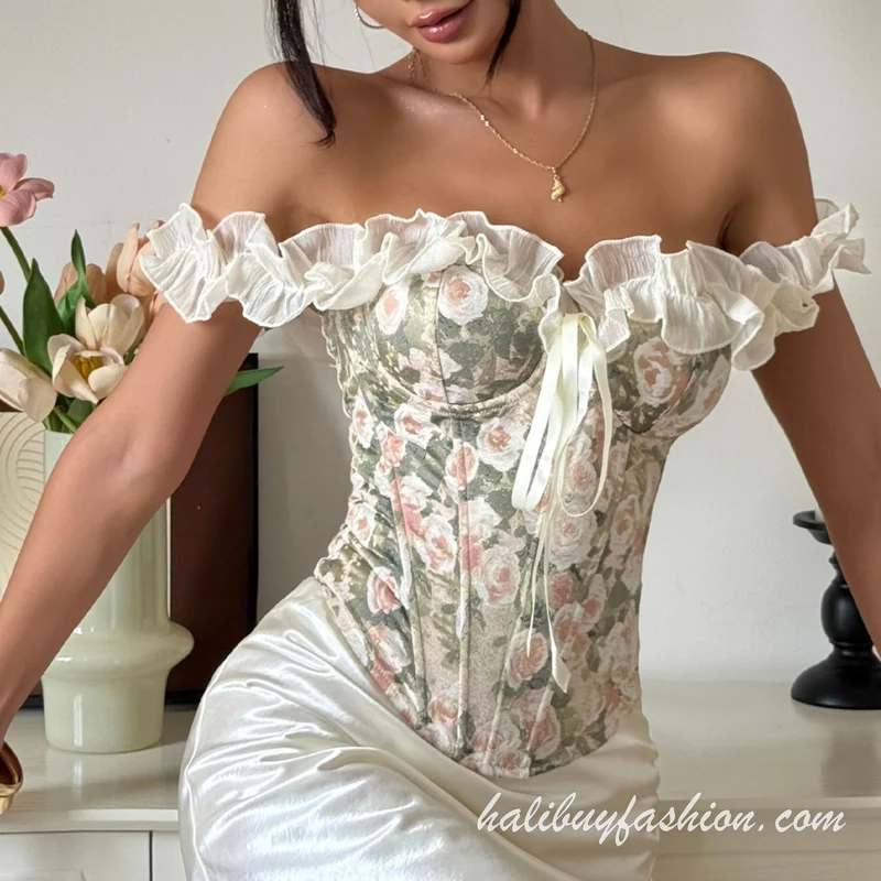Corset off shoulder ruffle lace up flower print tube top