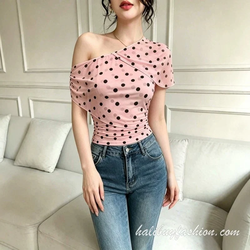 Ruched one shoulder polka dot short sleeve top