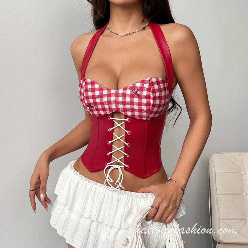 Halter corset lace up plaid patchwork zip top