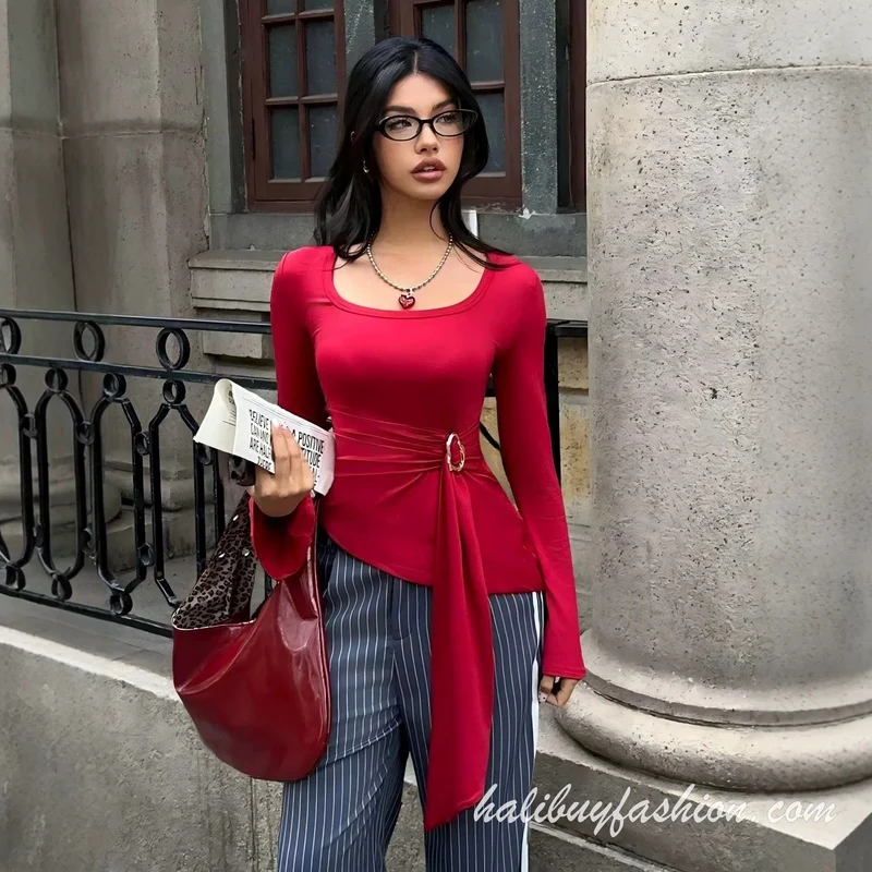 Long sleeve square neck metal chain solid knitted top
