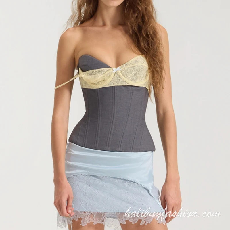 Lace patchwork lace up corset bustier top