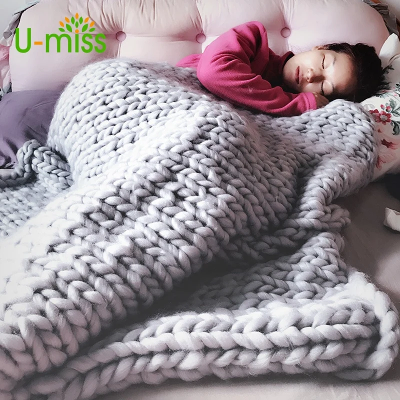 U-miss Fashion Hand Chunky Wool Knitted Blanket Thick Yarn Merino Wool Bulky Knitting Throw Blankets DropShipping 200X200CM