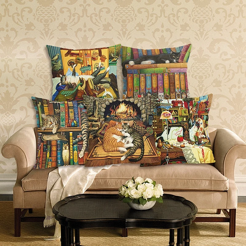 Fashion Cute Book Cat Party Cushion Cover Throw Pillowcase Home Decorative Sofa Linen Square Printing Cojines Cushion Case