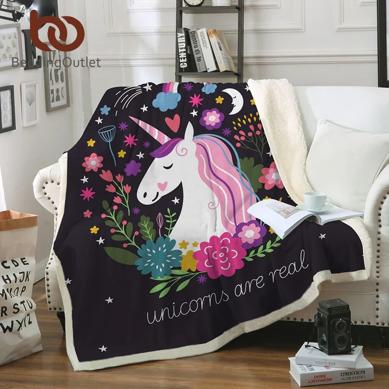 BeddingOutlet Cartoon Unicorn Velvet Plush Throw Blanket Floral Printed for Kids Girls Sherpa Blanket for Couch Black Thin Quilt