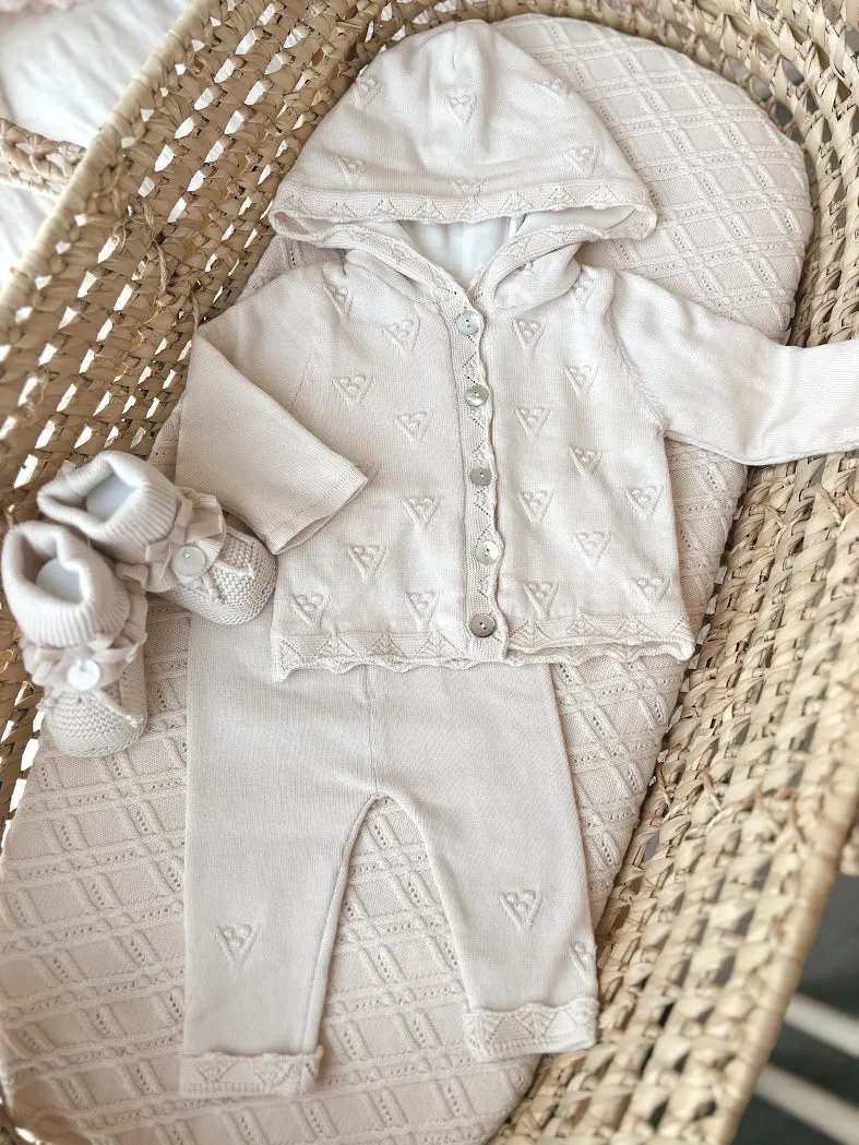 Gebreid babysetje met capuchon - beige