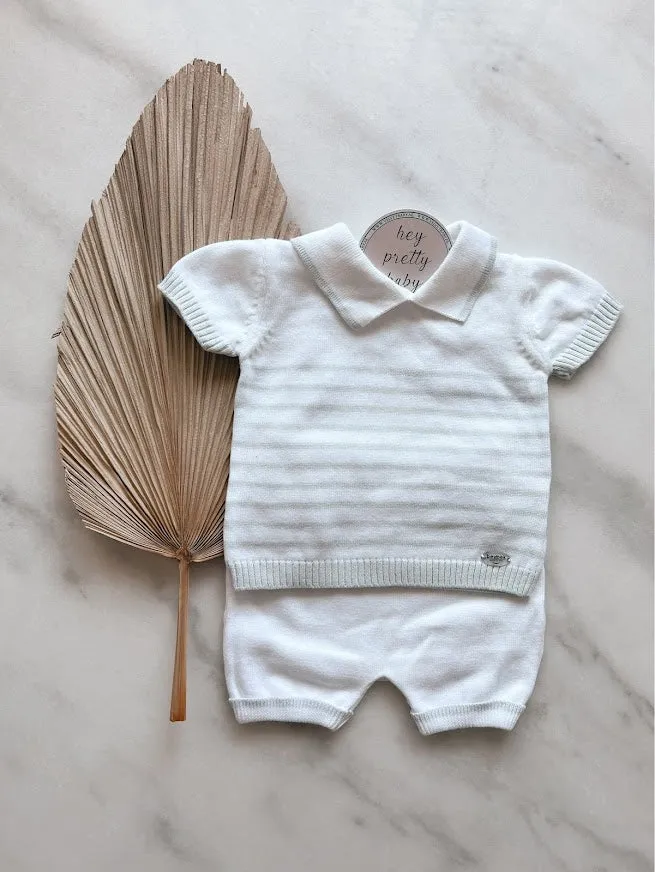 Tricot polo babysetje - wit/lichtblauw