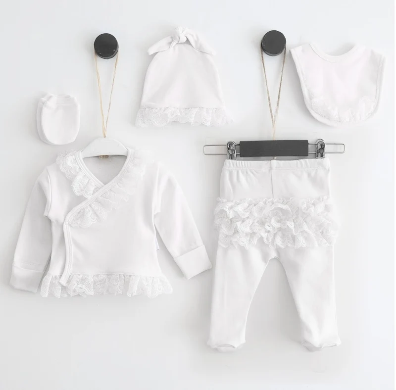 Newborn setje katoen met kant wit or roze
