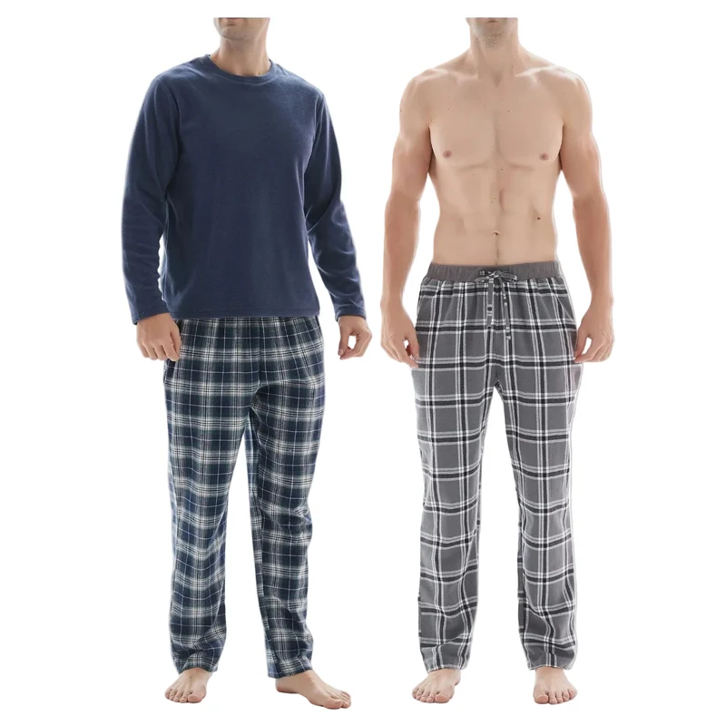 3-delige herenpyjamaset met polyester top met lange mouwen en geruite katoenen broek