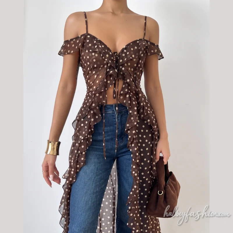 Ruched off shoulder polka dot ruffle cami top