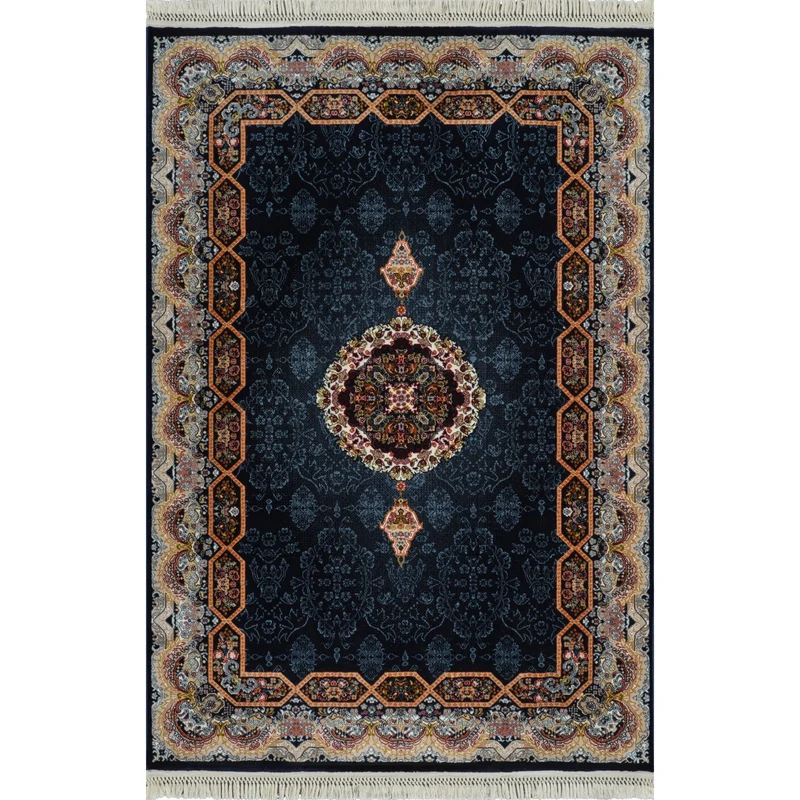 Tabriz Oosters Vloerkleed – Donkerblauw – Klassiek Vintage Met Kader – Laagpolig Tapijt